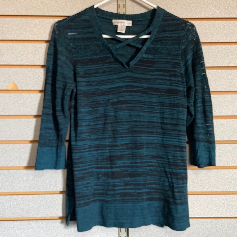 Christopher & Banks Teal Black Space Dye Pointelle 3/4 Sleeve Sweater Top M